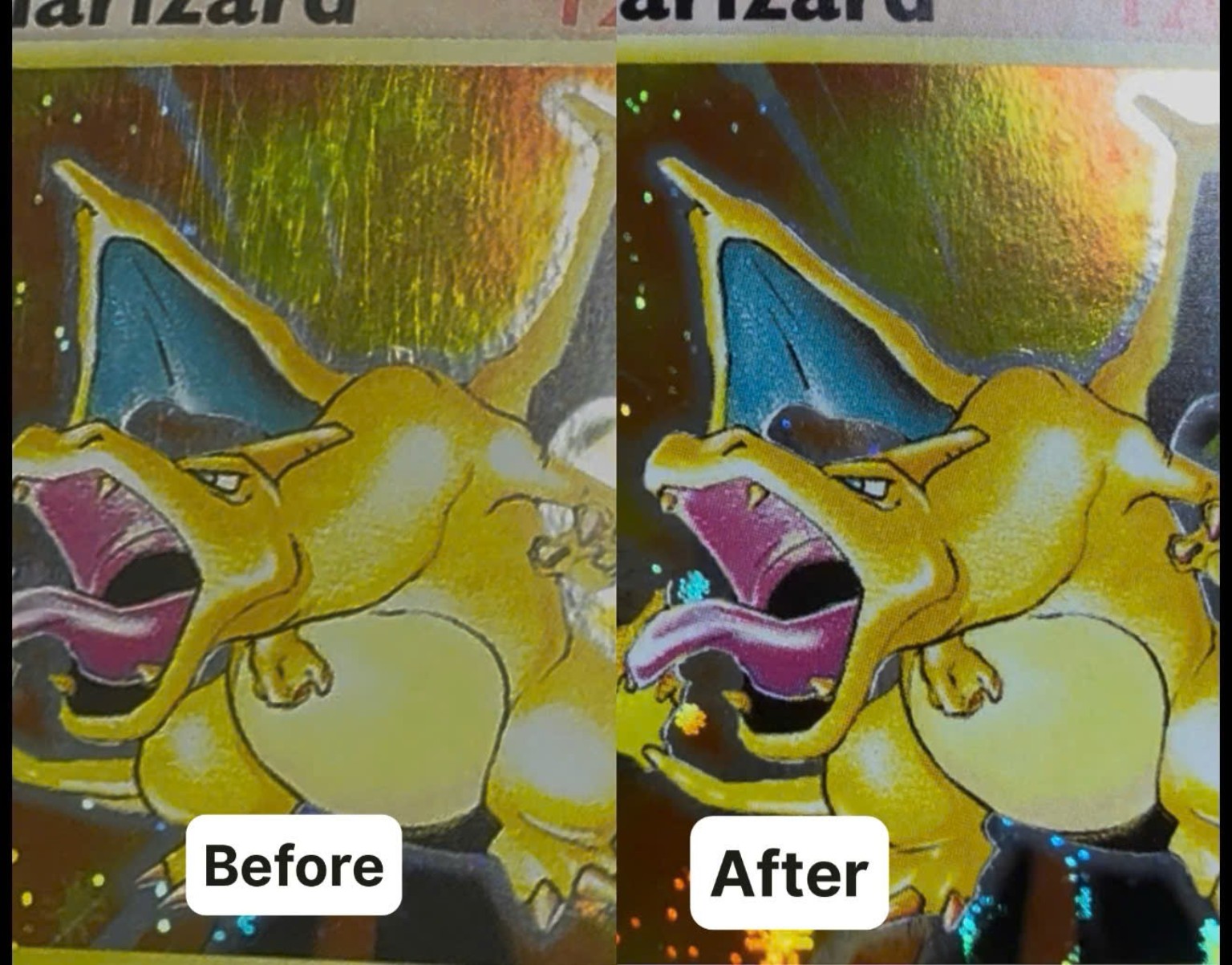 Charizard · chi tiết hologram · TRƯỚC / SAU